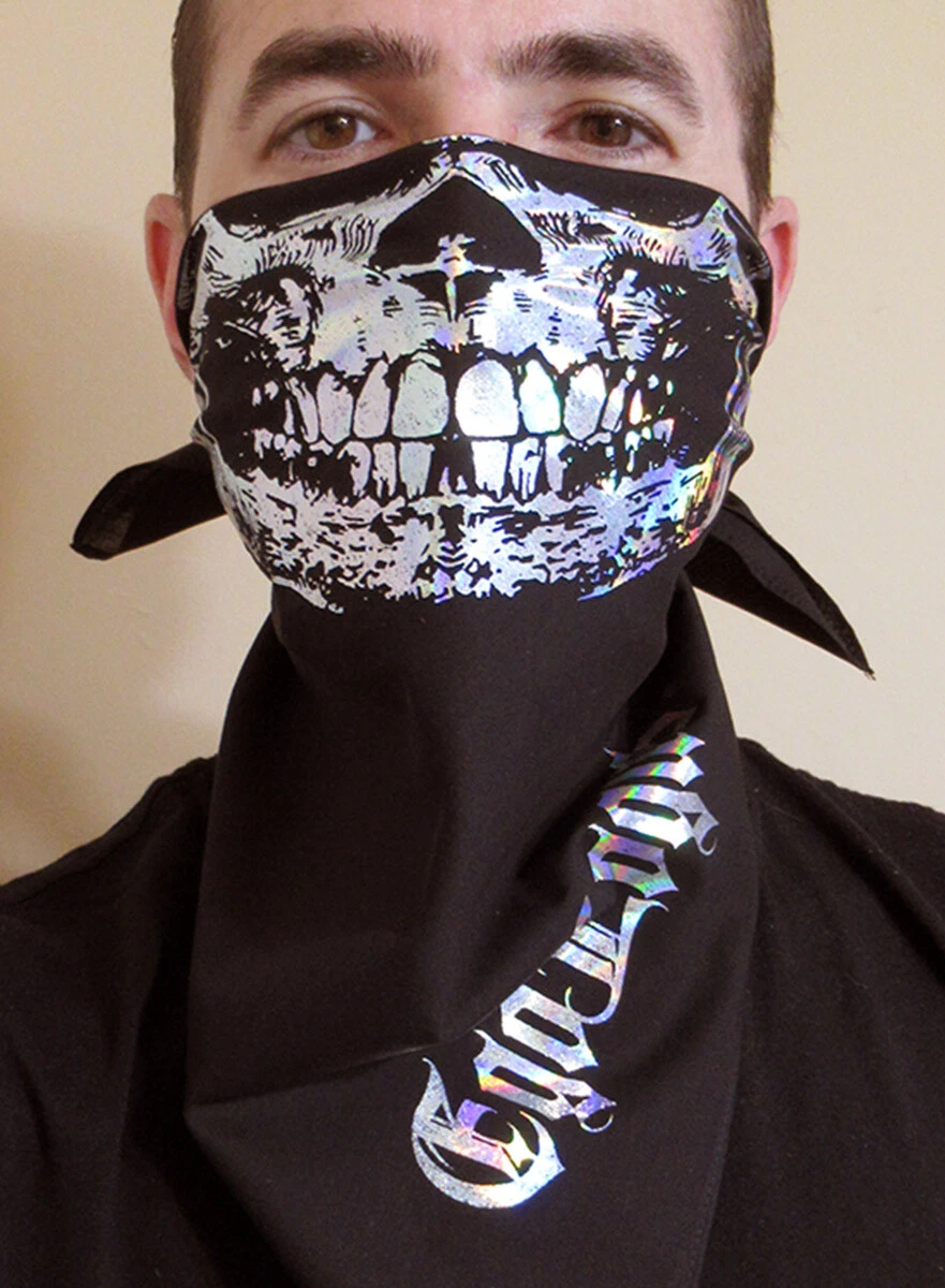 Holographic Chrome Silver Skull Face black Bandana Psychedelic Rave Mask Cyber