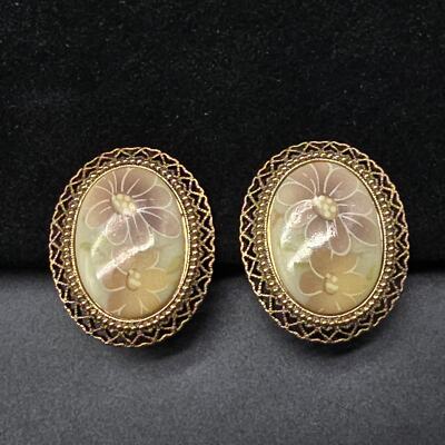 1928 Brand Soft Pink Floral Clip On Earrings Gold Tone Oval Costume Jewelry 