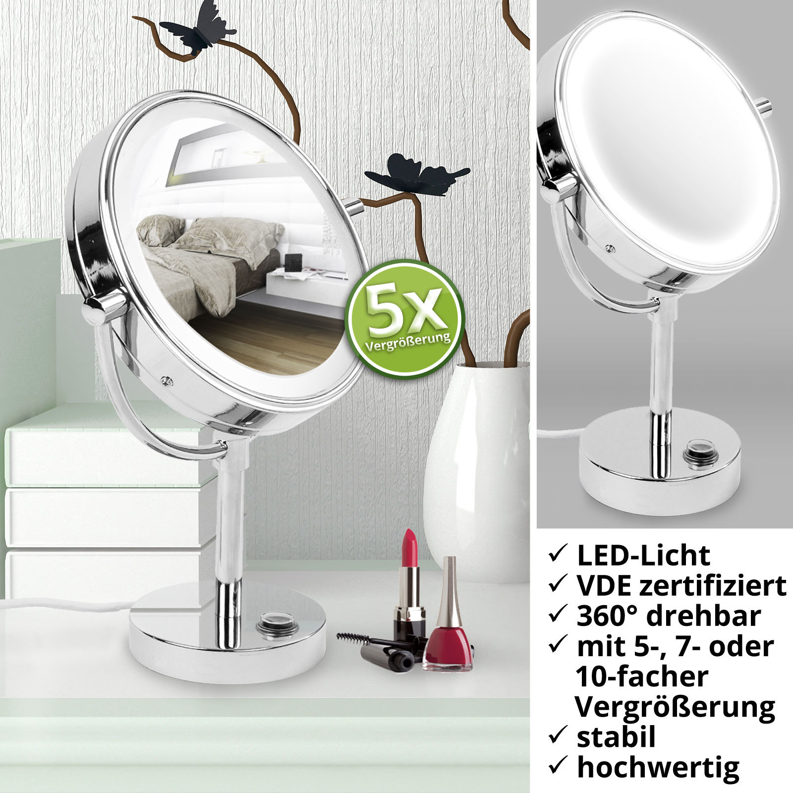 Kosmetikspiegel Schminkspiegel LED Beleuchtung 10 fach Vergrößerung mit Saugnapf