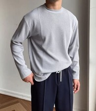 Spring Loose Fit Crew Neck Sweater Blouse Long Sleeve Plain Pullover Men Top