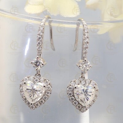 1.85CTW Heart Cut Halo Moissanite Dangle Drop Earrings 14K White Gold Plated