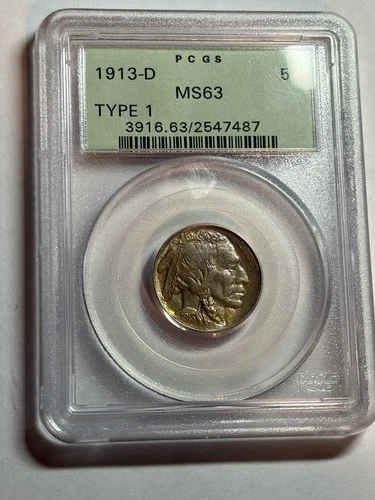 1913-D Buffalo Nickel Type 1 PCGS MS63 OGH Beautiful Tone Tough Variety