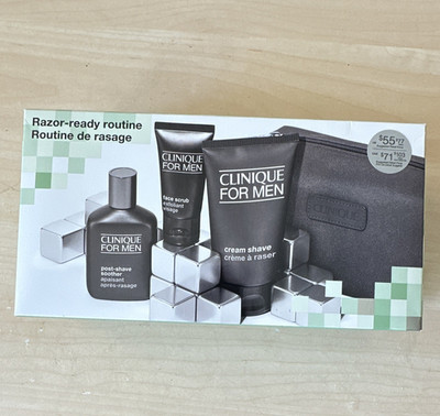 Clinique For Men Razor-Ready Routine Shaving Kit Face Scrub, Cologne, Bag