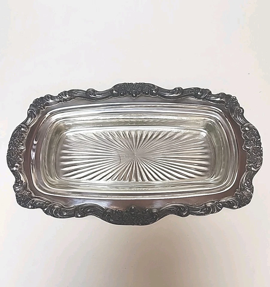 Plato de mantequilla cubierto Poole EPCA Lancaster rosa plateado con inserto de vidrio de colección Foto 3 de 4