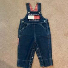 TOMMY HILFIGER 3-6 MONTH INFANT DENIM OVERALLS, VINTAGE, SNAPS, PLAID TRIM