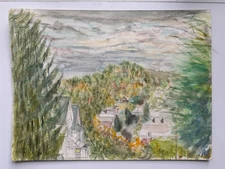 Vintage Watercolor Painting Hilly Neighborhood Americana Landscape 13 x 10