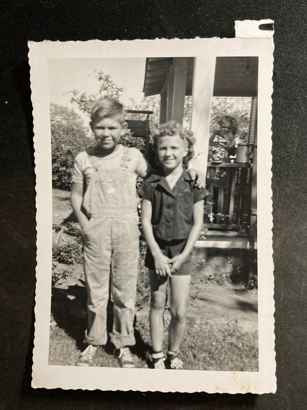 Vintage Photo Little Boy & Girl Brother Sister Overalls Smiling 1930s or 40s