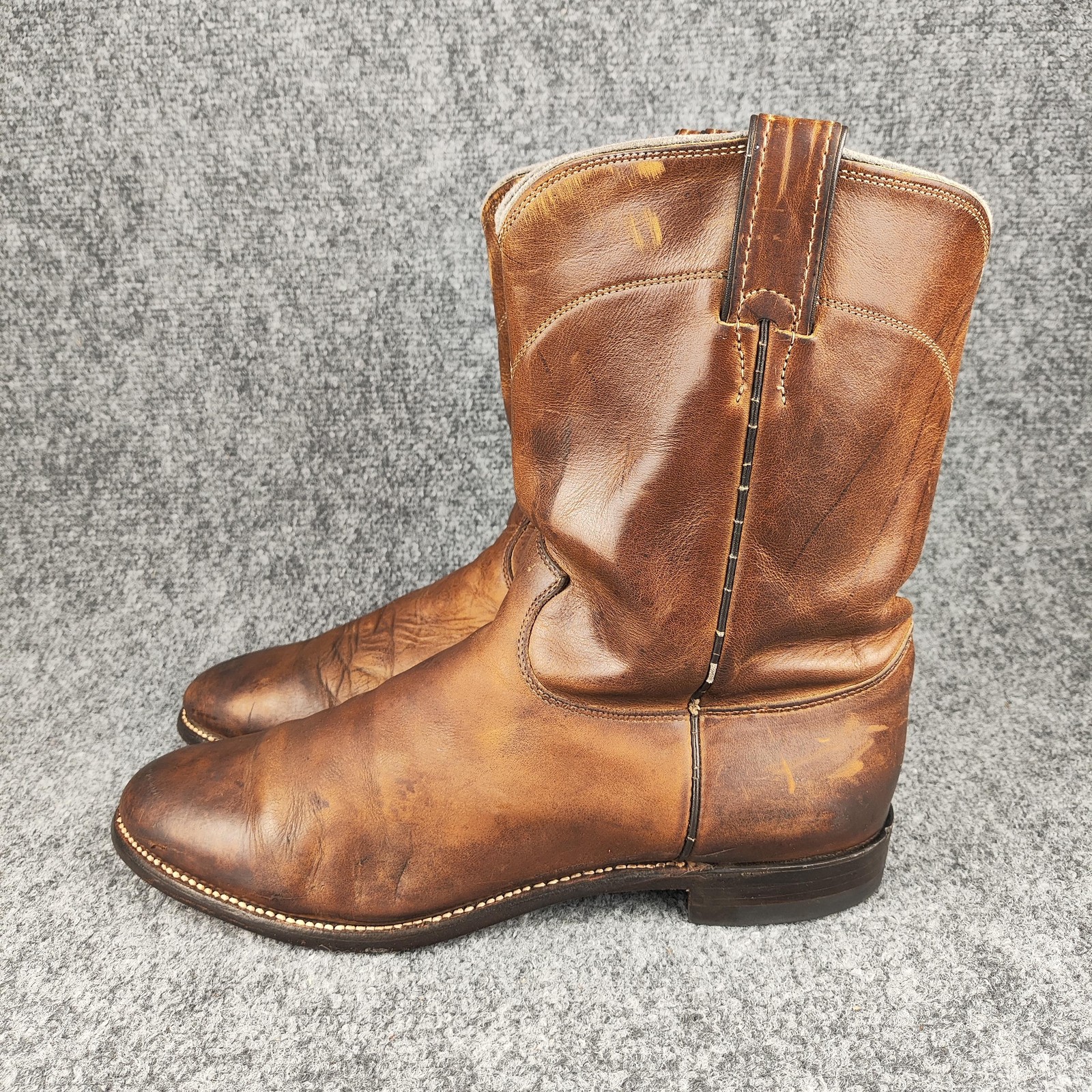 Justin Boots Mens Size 11.5D Brown Leather Roper Western Cowboy Pull On Made USA