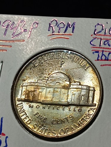 👉1943-P*RPM* DIE CLASH Nickel Stunning Rainbow Toning FULL STEPS BU CHOICE # - Picture 1 of 17