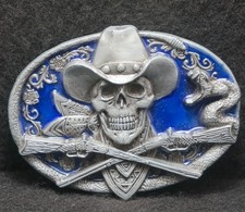 XD05125 VINTAGE 1989  SHOTGUNS  COWBOY SKULL  WESTERN MENS PEWTER BELT BUCKLE