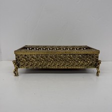 Vintage Gold Metal Tissue, Gilt, Filigree Trinket Box with Cherub Angel Feet