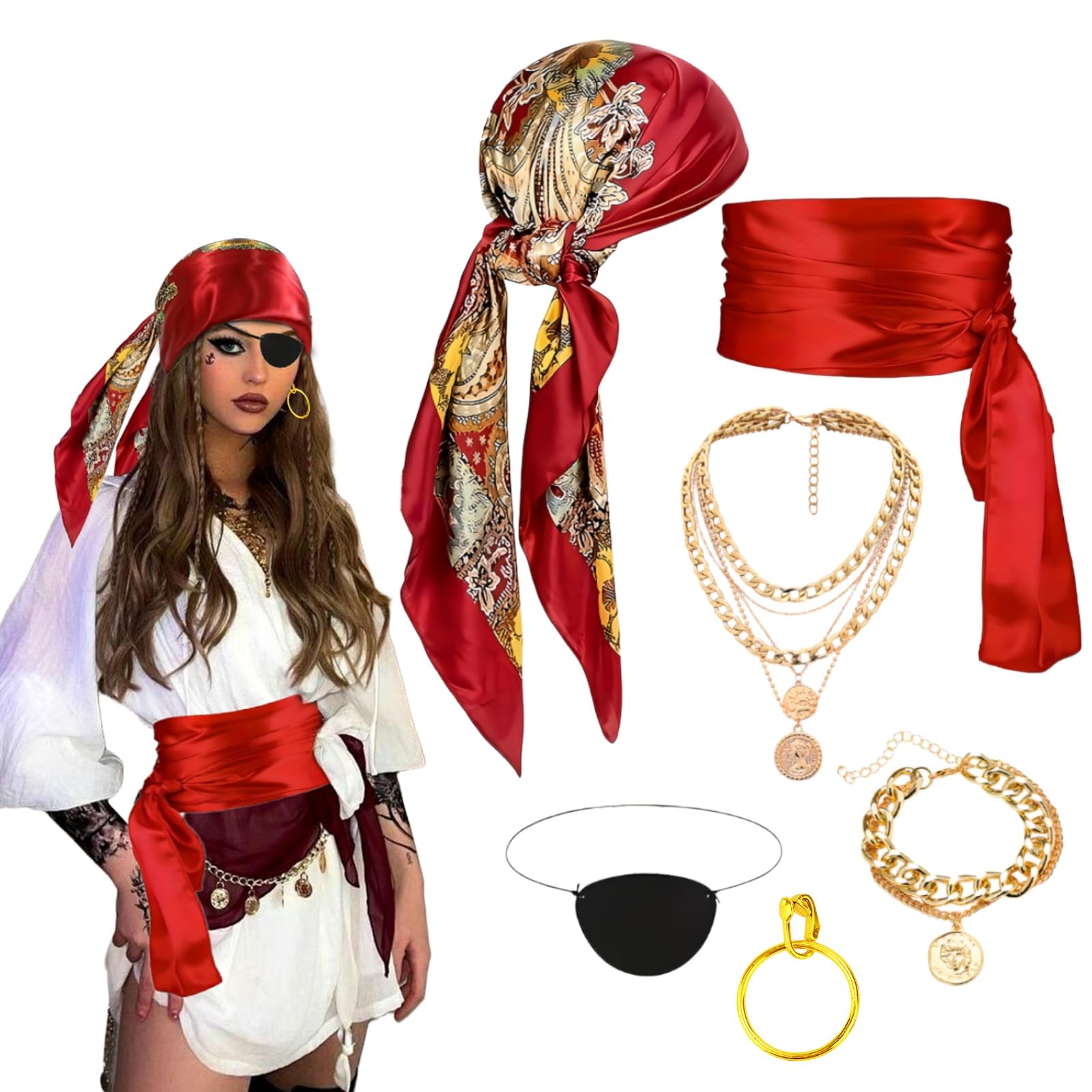 Déguisement pirate femme noir et rouge avec bandana inclus, panoplie complète 6 pièces