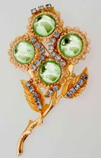 Vintage Signed Alice Caviness Green Rhinestone Brooch Pin 3.5”
