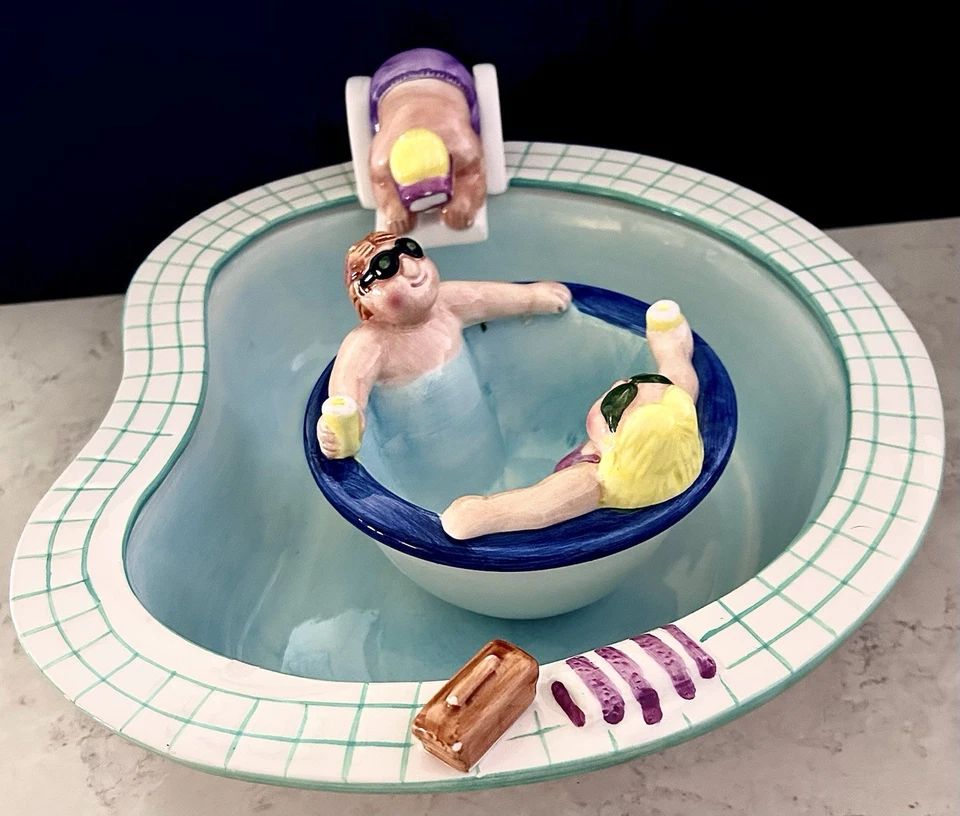 ¡Juego de piscina/bañera de hidromasaje Lotus Ceramic Chip & Dip 1995! Astillado menor pero bonito Foto 2 de 4