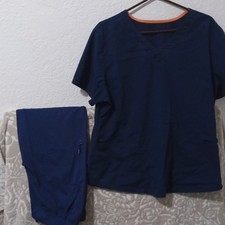 Unisex Blue Solid Medical Scrub Set V-Neck Top Pants Knit Poly Size M