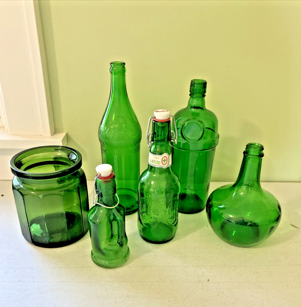 Lot of 7 Green Glass Jars and Bottles