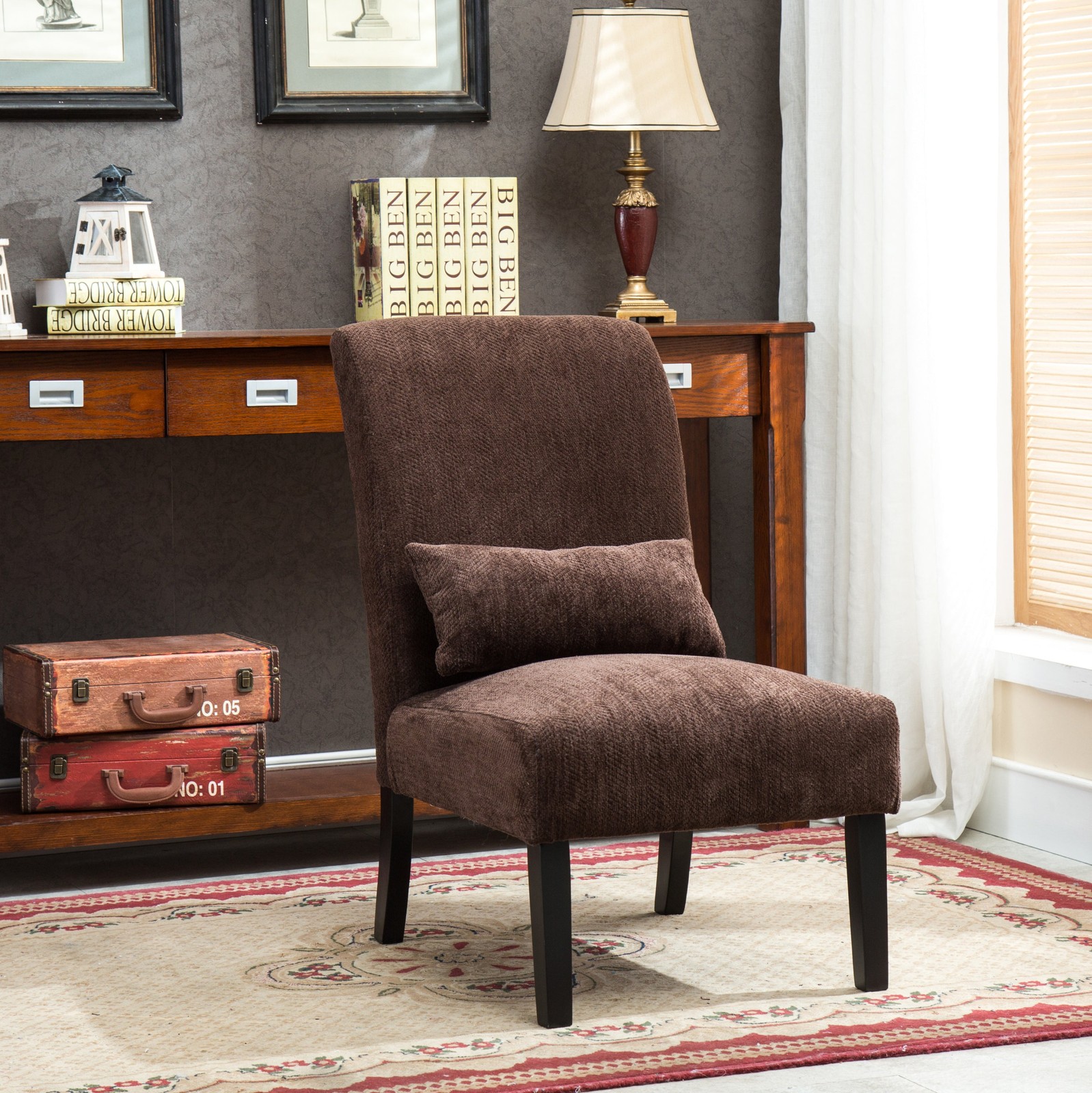Pisano Contemporary Chenille Accent Chair with Chocolate Pillow in Armless Design