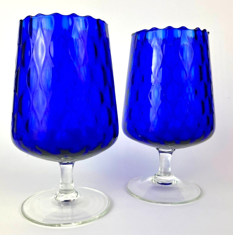 Vintage Cobalt Blue Art Glass Goblets Pair Scalloped Rim Hand Blown Wine Glasses image 2