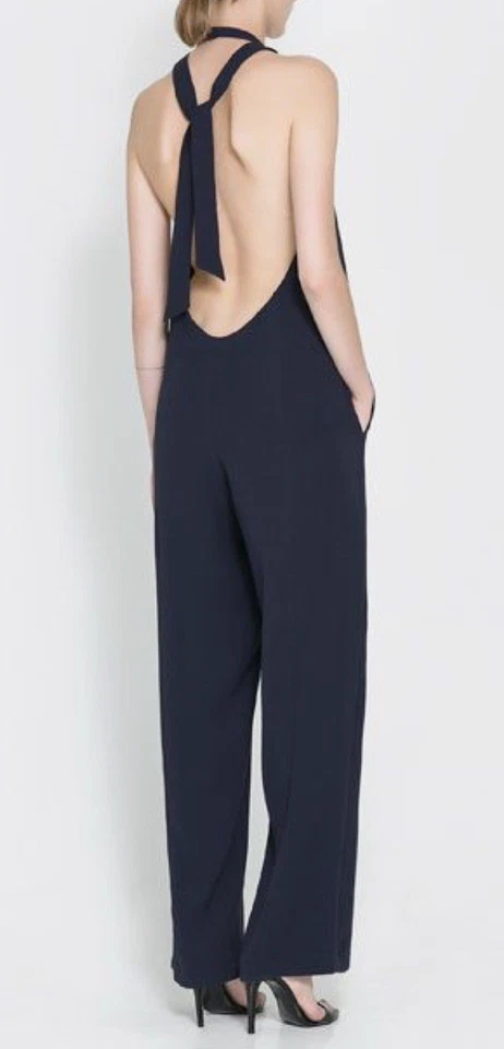 Mono básico para mujer Zara azul marino espalda abierta pierna recta talla S Foto 2 de 3