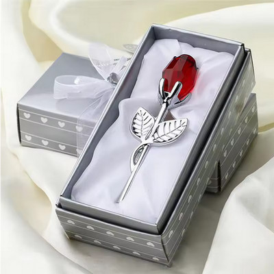 Crystal Glass Red Rose Silver Stem 3.5'' Artificial Flower Valentines Day Wedding