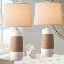 White Boho Ceramic Lamps with Rope for Living Room Set of 2 Nautical Rattan