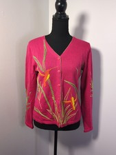 VTG Susan Bristol Pink Embroidered Beaded Hummingbird Cardigan Women's S