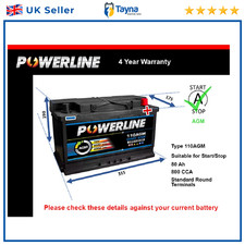 AGM Car Battery 110AGM Powerline 110 800A 80Ah 4Yr WTY 315x175x190 Start Stop