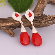 Handmade Textured 925 Silver Pear Cut Red Coral Gemstone Wedding Earring Jewelry
