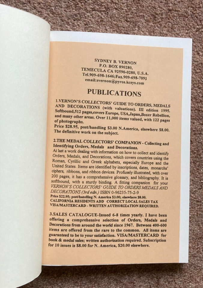 MEDAL COLLECTORS COMPANION. S VERNON. 1995 MILITARY ORDERS, MEDALS