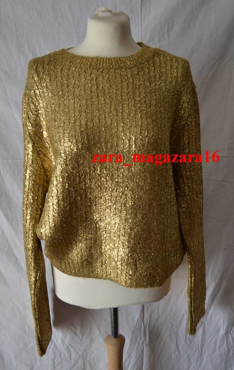 ZARA WOMAN NEW FW23 METALLIC CRACKLED KNIT SWEATER GOLD SIZE