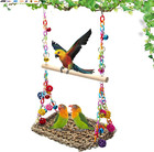 New ListingBird Seagrass Woven Hammock Swing Mat with Wood Perch Stand - Bird Climbing Hamm