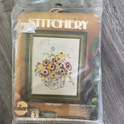 Vintage Crewel Embroidery Kit 7637 Poppy Basket Stitchery Valiant 16 x20  1970s