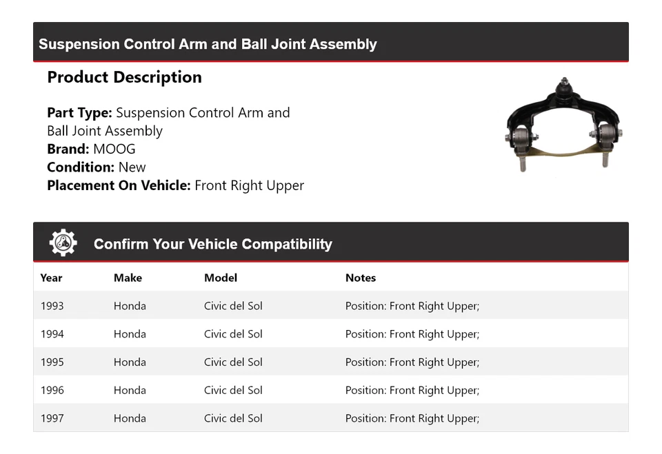 Brazo de control delantero derecho superior MOOG 1993-1997 HONDA CIVIC DEL SOL 1993-1997 Foto 2 de 4