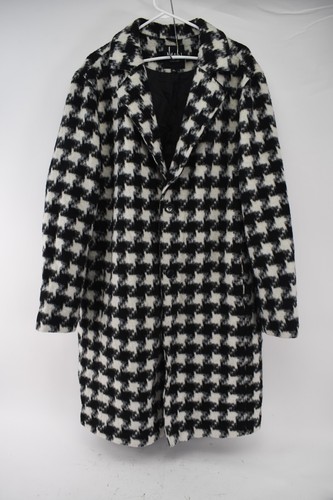 BooHoo Man Herren Langer Mantel Herren Schwarz Weiß Hahnentritt Wollmischung Overcoat Gr. XL