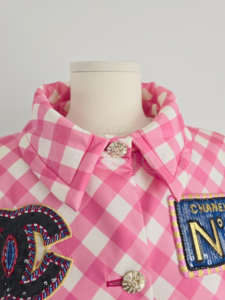 NWT CHANEL 23C SEQUIN LOGO EMBROIDERED PINK CHECK SILK NWT CHANEL 23C SEQUIN LOGO EMBROIDERED PINK CHECK SILK