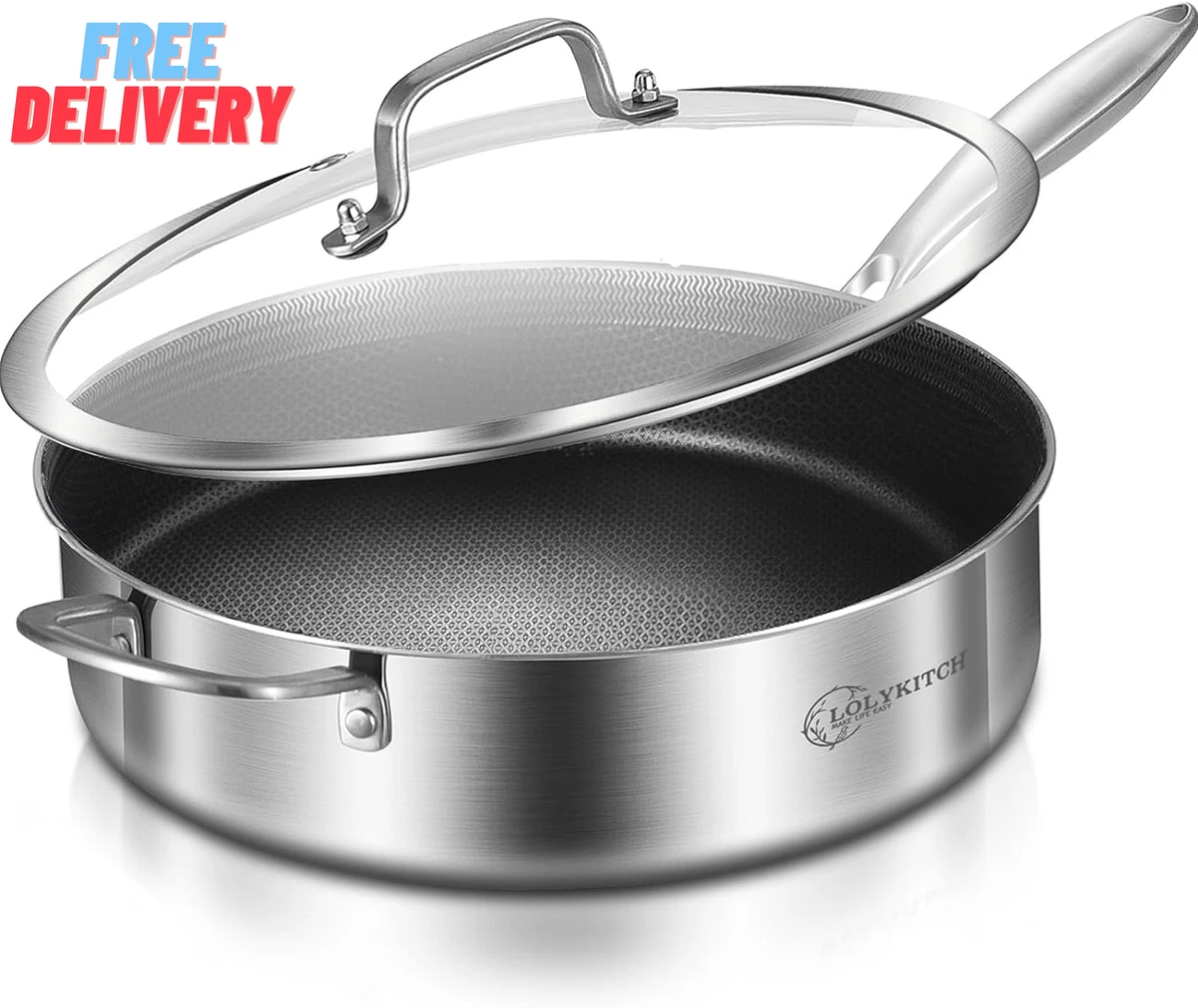 6 QT Tri-Ply Stainless Steel Non-Stick Sauté Pan with Lid,12 Inch Deep  Frying Pa