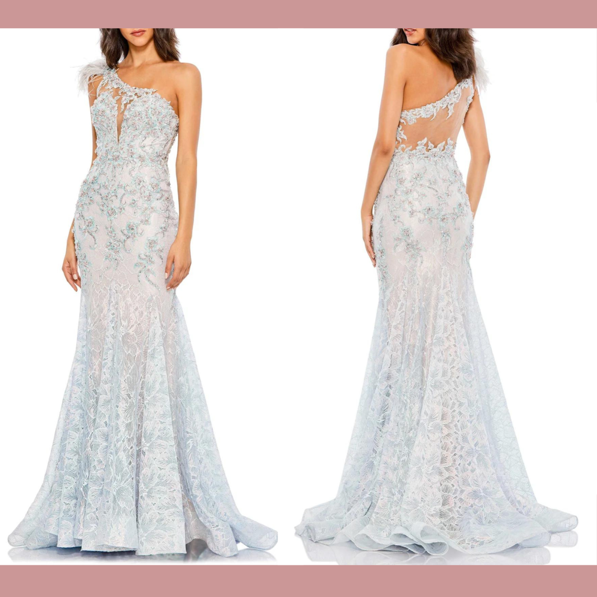 【MACDUGGAL】マックダガル ワンショルダー刺繍アップリケガウン Blue Embroidered Applique Feathered One Shoulder Trumpet