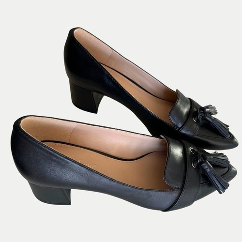 Essex Lane Shoes Sz 8.5 Pumps Pointy Toe Tassels Chunk Heels Black Leather - Picture 9 of 13
