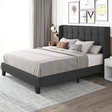 Queen Size Wingback Bed Frame with Square Stitched Headboard, Dark Grey