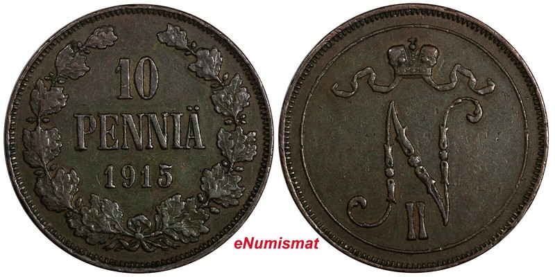 Finland Nicholas II Copper 1915 10 Penniä Mintage-420,000 aXF KM# 14 (18 746)