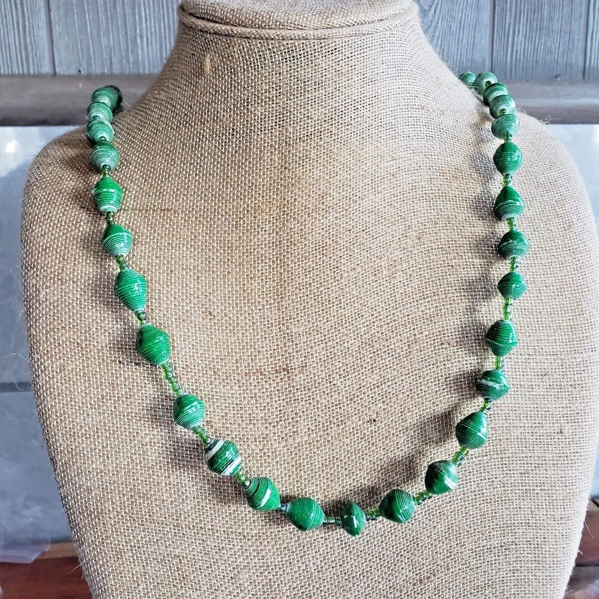 African Handmade Recycled Paper Bead Necklace Kenya New Greens c