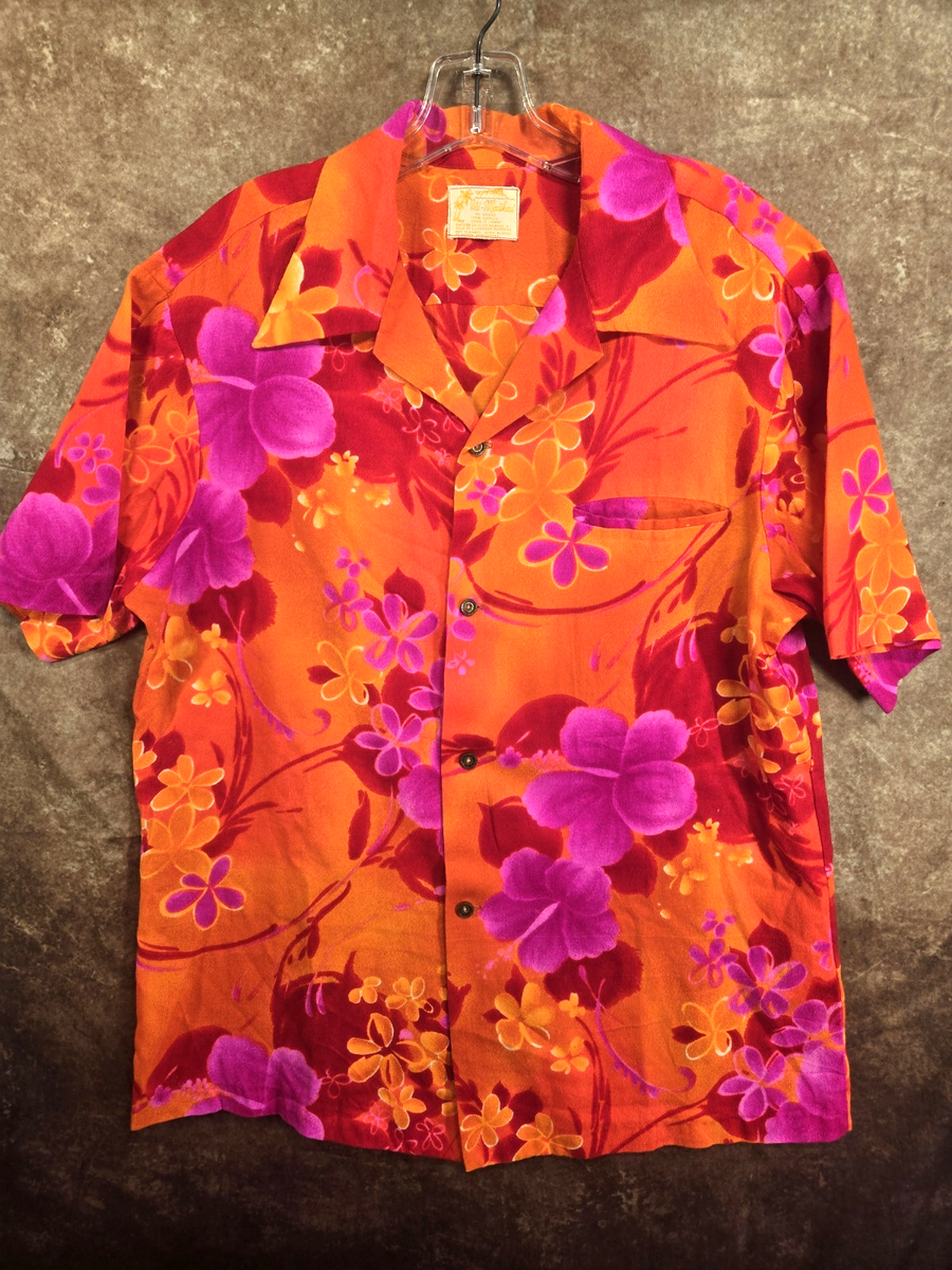 60s vintage AlohaShirt Ui-Maikai アロハシャツ Vintage HAWAII shirt ORANGE RED neon dayglow lava 50 60 polynesian