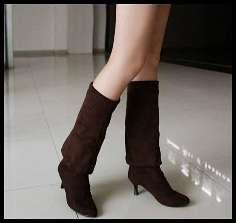 Bota feminina biqueira pontiaguda salto gatinho puxar sobre o joelho camurça falsa coxa alta - Imagem 3 de 4