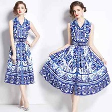 Vestito Abito Donna Elegante Longuette Bianco Blu Fiori Vintage GIPSY 08597