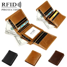 Real Leather Slim Wallets For Men Trifold Mens Wallet W/ ID Window RFID Blocking