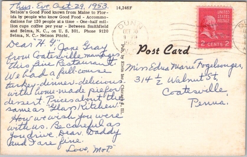 SELMA, North Carolina Postcard "NELSON'S GOOD FOOD" Restaurant Linen