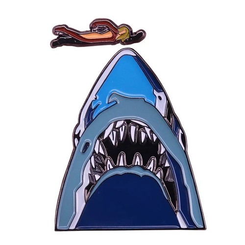 Lot of 2 Jaws Enamel Pin Shark And Swimmer Surf Wave Enamel Pin Jaws