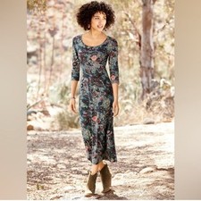 Large Peruvian Connection Floral Midi Dress in Blue and Burgundy Moroccan Blooms