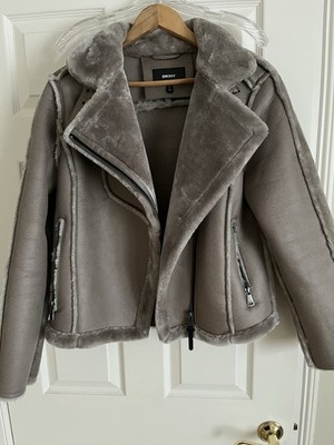 DKNY Gray Faux Leather Biker Jacket Collared Full Zip Lined Pockets Women's S