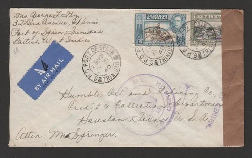 Trinidad 1940 censored airmail cover to USA